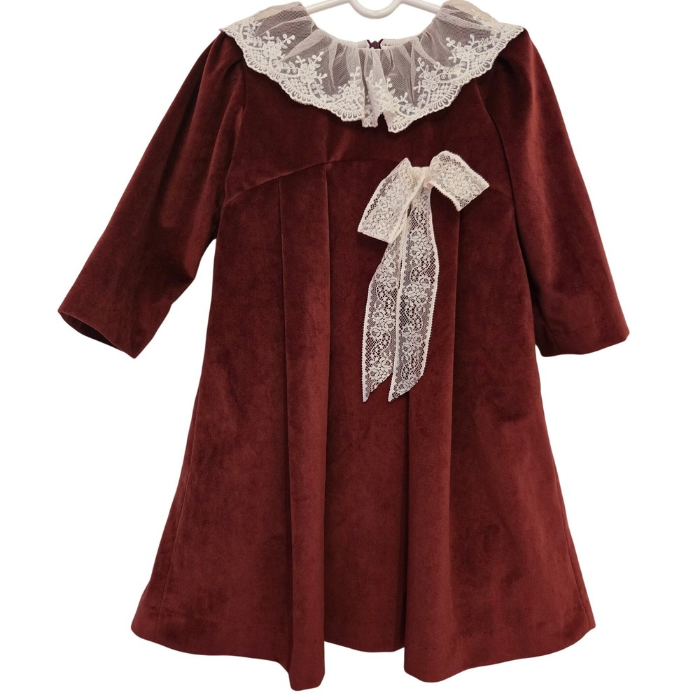 Foque Kids Burgundy Velvet Lace Collar Bow‎ Holiday Dress Size 5 Spanish Design